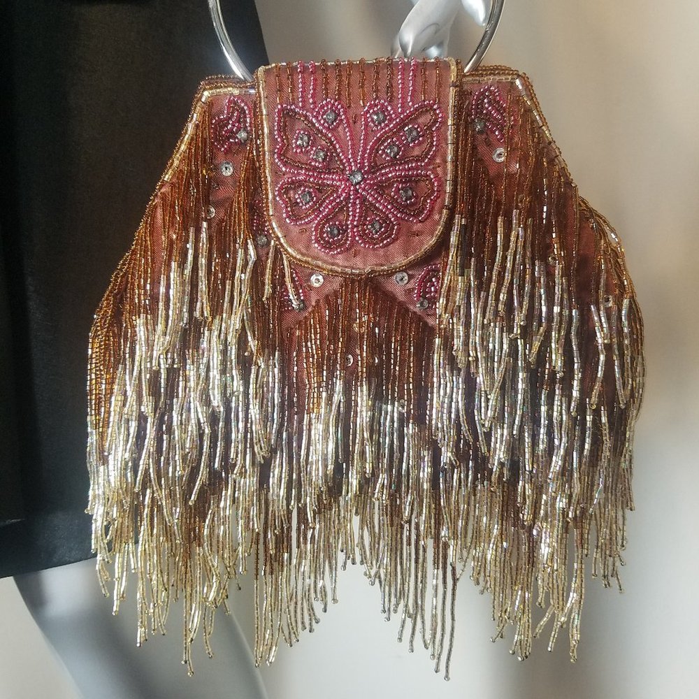 Women's Beaded Fringe Evening Bag Bronze and Gold (8.5" w x 12" h)